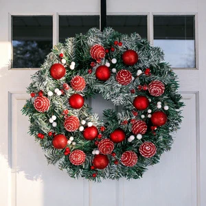 LINGKAI 50cm Artificial Snow Flocked Christmas Wreath Red Striped Baubles Berries For Holiday Wall Decor
