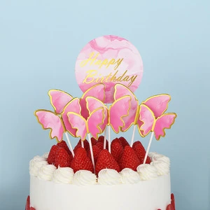 7 PCS /Set Butterfly with Round Paper Happy Birthday Cake Topper Decoration Manufacturers Wholesale
