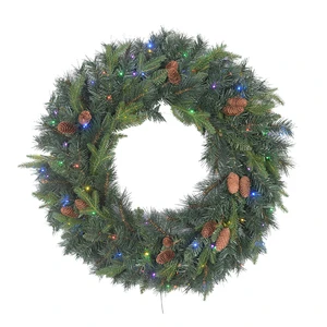 New Design PE PVC Green Christmas Wreath Garland With Lights Pine Cones Decoration