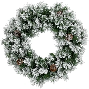Handmade 24 Inch 60CM Snowy Flocked Angel Pine with Pinecones Artificial Christmas Wreath for Holiday Festival Party Supplies
