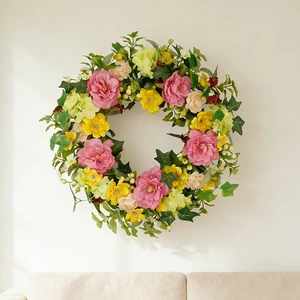 Lifelike Multicolor Mixed Flower Peony Wreath Plastic Farmhouse Style Seasonal Spring Front Door Mantel Graduation Christmas