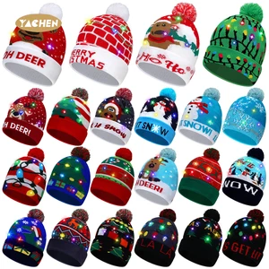 YACHEN Custom LED Light up Knitted Beanie Christmas Hat Colorful Flashing Holiday Xmas Supplies Christmas Hats with Led Lights