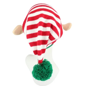 Cross-Border New Style Striped Christmas Hat Small Ears Jacquard Pom Pom Holiday Knitted 100% Acrylic Beach Direct Supply Hat