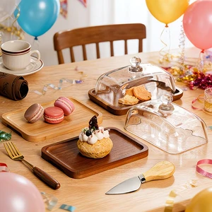 Cheese Tray Wood & Dessert Plate With Transparent Glass Lid For Cake Display Tray