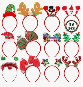 24Pcs Christmas Headbands Party Favors Decoration Supplies Xmas Gifts Photo Booth Xmas Tree Snowman Reindeer Antlers Santa Hat