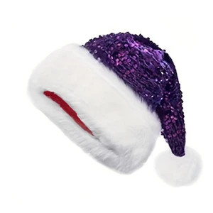 Long-pile Polyester Plush Christmas Santa Hat Sequined Double-layer Festive Holiday Decor for Adults
