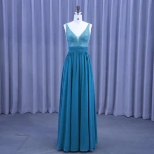 Lake Blue Backless Evening Dress Sequined Rhinestone Beading Spandex Ball Gown Floor-Length Party Wear Natural Breathable