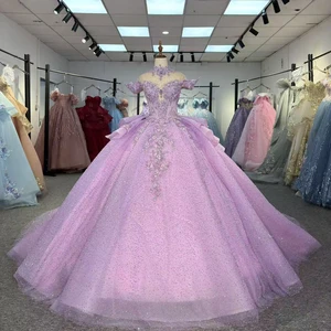 Jancember 6935 Exquisite High Neck Evening Dress Luxury Lilac Off Shoulder Pageant Gown Sequin Lace