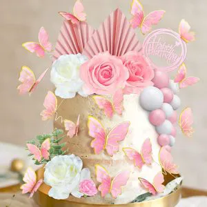52 Pieces Eco-friendly Paper Cake Decorations with Customizable Print Butterfly Palm Leaf & Round Ball Shapes