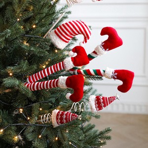 Stripe Christmas Elf Legs Tree Ornaments Xmas Hat and Elf Legs Christmas Tree Decorations Stuffed Elf Feet Picks Ornaments