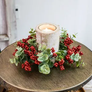 Long-lasting Artificial Christmas Candle Ring Wreath Flower with Red Berries and Eucalyptus Leaves for Holiday Home Decor