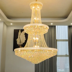 Customizable Large Crystal Hanging Lamp Adjustable Height Golden Pendant Chandelier For Hotel Lobby Villa High Ceiling Decor