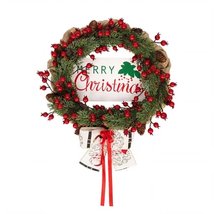 Traditional High Quality Eco-Friendly Red Berry Plastic Farmhouse Style Christmas Wreath Pine Cones Santa Claus Ribbon Bow