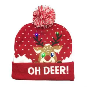 2024 Hot Sale Red Classic Jacquard Knitted Christmas Hat with LED Light