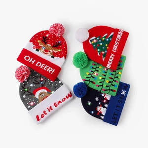Factory Wholesale Christmas Knitted Hat LED Light Glowing European American Cross-border Acrylic Hat Elk Snowman Beach Hat