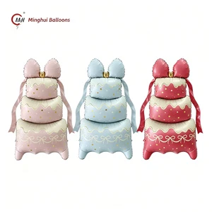 60 Inch Matte 3 Tier Bow Cake Foil Balloon Pink Blue Red Giant Triple Layer Birthday Cake Mylar Balloon For Wedding Baby Shower