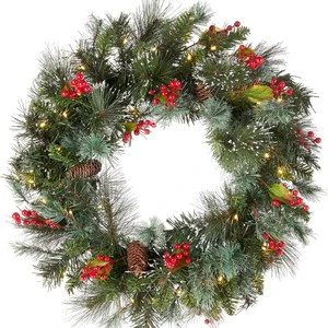 LINGKAI 2027 Wholesale 50cm Pre-lit Artifical Christmas Wreath With Pine Cones Berry Clusters for Door Hanging Window Decor
