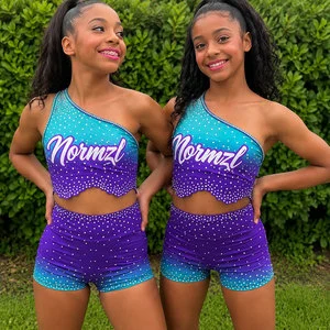 Wholesale Glittery Rhinestone Cheer Practice Wear Sparkle Cheerleading Dance Outfit Stretchy Training Clothes Cheer Practice Set