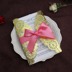 Latest New Design Gold Doilies Laser Cut Wedding Invitation with Bow Ribbon