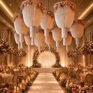 Macrame Hanging Wedding Ceiling Decor With Artificial Flowers Lantern Tassel Chandelier for Luxury Hotel Reception Backdrop