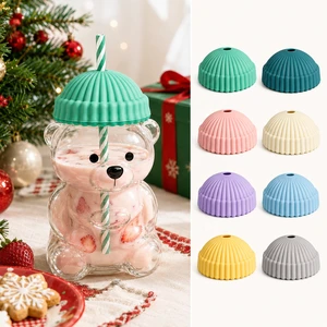 Wholesale Christmas Cup Silicone Cover Cute Coffee Mug Cartoon Bear Shaped High Borosilicate Glass Cup With Silicone Hat Lid