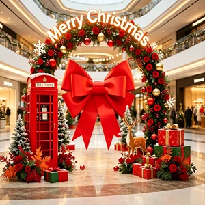 Festive Wreath Arch Foam Landscape With Vintage Phone Booth & Oversized Bow For Shopping Center Front Winter Holiday Decor