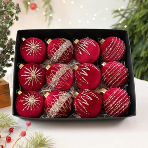 12PCS/SET New Design 8cm Red Flocked Christmas Ball Luxury Premium Velvet Tree Pendant Ornaments for Xmas Decorations