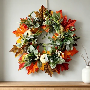 Artificial Christmas Fall Wreath Maple Leaves Mini Pumpkins Eucalyptus Berries 9in Plastic Durable Eco-Friendly Farmhouse Home