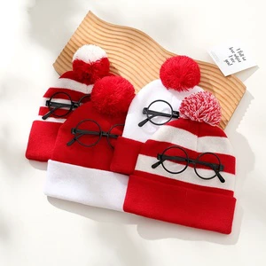 Halloween and Christmas Acrylic Knitted Hat with Fur Ball Red and White Accessory for Party Waldo Inspired Clothing