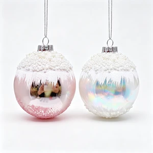 Iridescent Beaded Glass Christmas Ball with Pink Glitter Snow Icicle Design, Luxury Xmas Tree Hanging Ornament