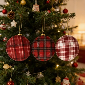 Customizable Red Black White Plaid Foam Ball Charm - Christmas Ornament Pendant for Christmas Tree Festive Home Decor
