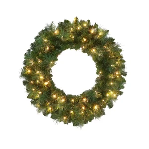 Wholesale Customizable 30IN Pre-Lit PVC Mixed Pine Needle Artificial Christmas Wreath for Thanksgiving Wall Hanging Decoration