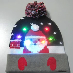 Custom LOGO Adults Xmas Hat Santa Party Crazy Funny Knitted Custom Christmas Beanie With LED Lights