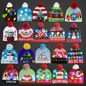 Custom Short LED Santa Knitted Beanie Hat with Pompom High Quality for Winter Christmas Party and Celebration