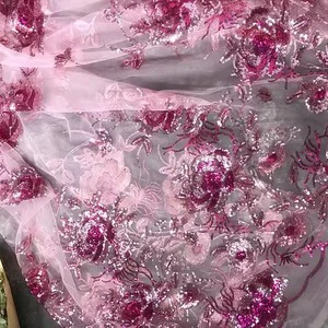 Wholesale Price Gorgeous Embroidered Lace Glitter Sequins Pink Sequin Fabric Sequins Lace for Women Party Dress