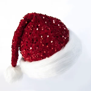 Classic Red Sequin Santa Hat with White Faux Fur Trim and Pompom for Christmas Day Xmas Plush Christmas Hat