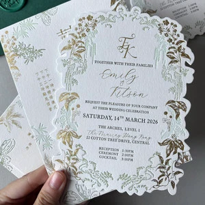Exquisite Color-debossed Hardcover Art Paper Wedding Invitation Cards with Envelope Set for Marriage Celebration Reception