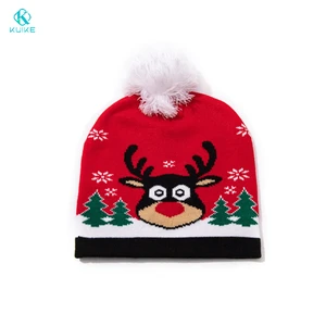 New Trendy Christmas Jacquard Knit Beanie Hat Red Classic Pom Pom Santa Claus Reindeer Digital Print Unisex Adult Winter Hat