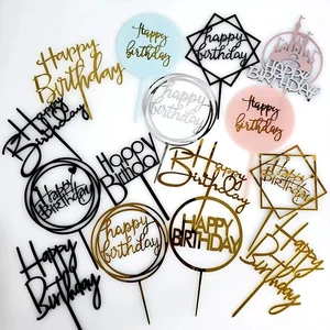 Hot Selling 1pcs/Bag Golden Acrylic Happy Birthday Cake Decoration Multiple Styles Acrylic Cake Toppers for Cake Decor