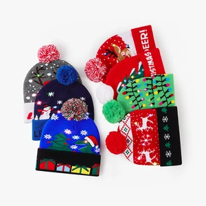 Autumn Winter Christmas Elk Knitted Hat Lights Snowman Knitted Acrylic LED Light Manufacturers Wholesale Christmas Beanie