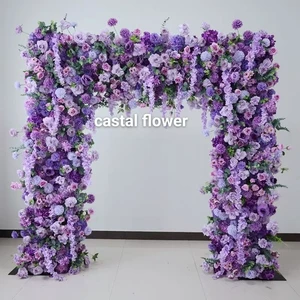 H-730 Purple Silk Flower Backdrop Arch with Custom Wall Flower Ball String and Faux Plants for Wedding Ceremony & Photo Booth