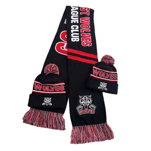 Oem Design Knitted Acrylic Jacquard Logo Sport Football Fans Winter Warm Scarf And Pom Pom Beanie Hat