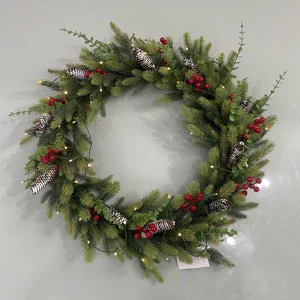 Pre-lit Snowy Christmas Wreath with Eucalyptus Leaves, Red Berries,Pinecones, Artificial Flocked Pine Wreath for Door Decor