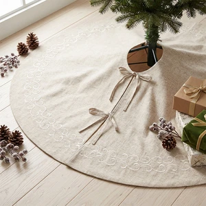 Oatmeal Linen White Scroll Embroidery 58in Christmas Tree Skirt French Country Rustic Xmas Home Decoration