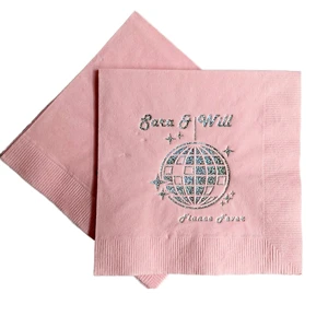 Customized Disposable 2-Ply Pink Wedding Cocktail Paper Napkin Colored Foil Stamping Printed Design In Bag For Parties