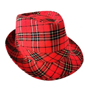 Wholesale Christmas Holiday Hats New Red Christmas Hat with Plaid Fabric Party Fedora