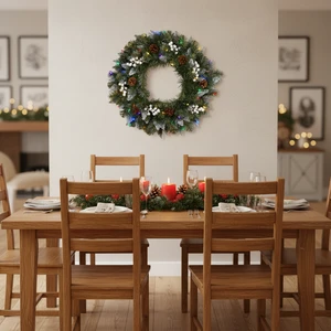 2026 Holiday Decorative Christmas Wreath 24 Inch Snow Tipped PVC Artificial Christmas Wreath with Multicolored LED Lights