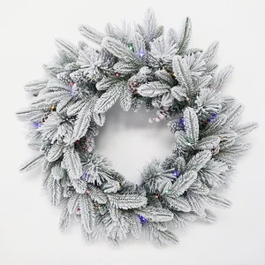 Artificial Christmas PE/PVC Wreath Garland White Snow Flocked Pinecone Red Fruit Wreath with LED Lights
