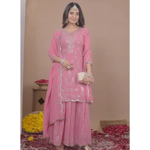 Glamorous Georgette Glitter Sequin Top Pack Flared Bottom Palazzo With Long Dupatta Stitched Three Piece Partywear Suit
