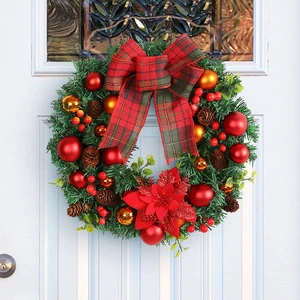 LINGKAI Eco-Friendly 40cm Plastic Artificial Christmas Wreath With Pine Cones Red Berries Garland For Door Mount Xmas Decoration